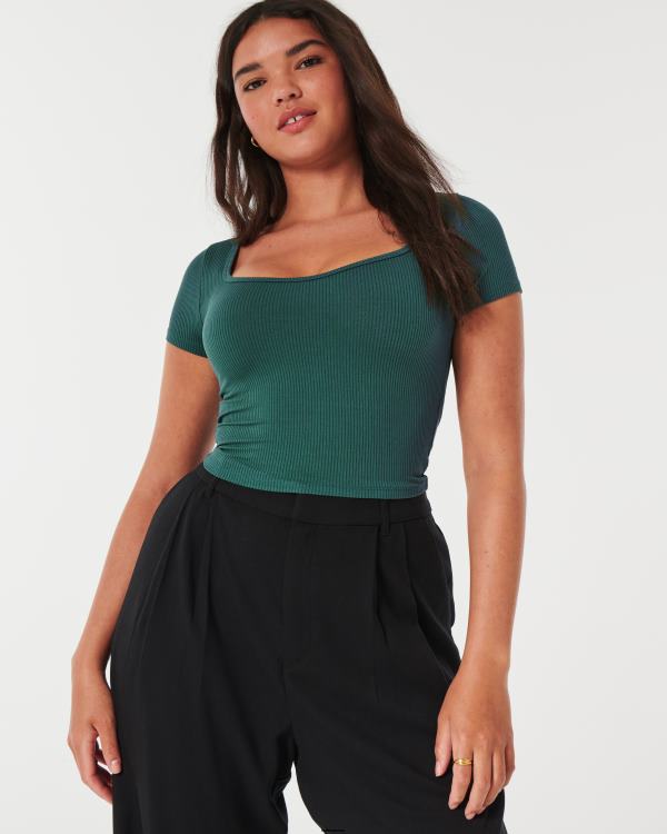 t-shirt chéri en tissu côtelé sans couture femmes vert Hollister hauts RRRJX249