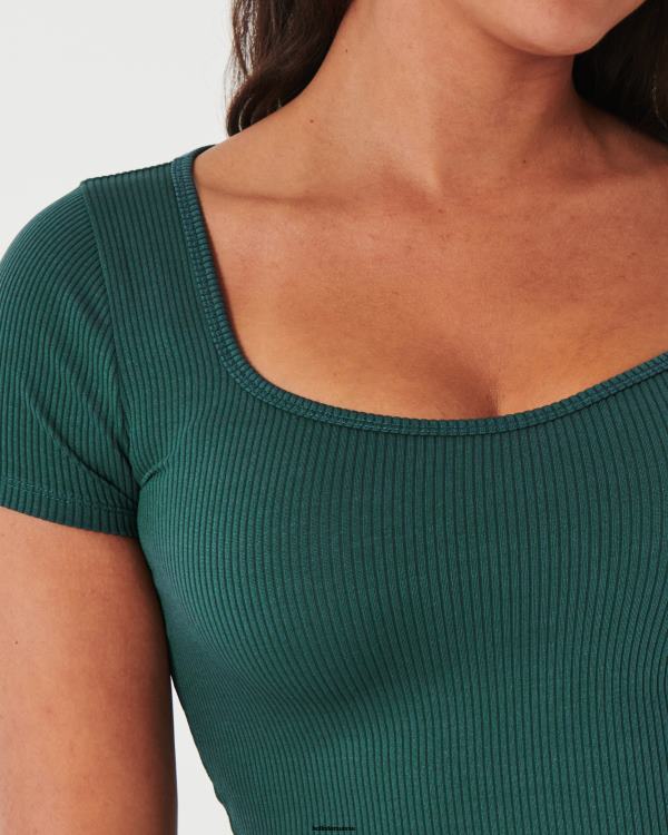 t-shirt chéri en tissu côtelé sans couture femmes vert Hollister hauts RRRJX249