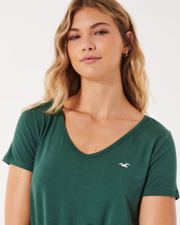 t-shirt à col v easy icon femmes vert foncé Hollister hauts RRRJX69