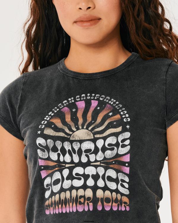t-shirt décontracté à imprimé solstice du lever du soleil femmes noir lavé Hollister hauts RRRJX347