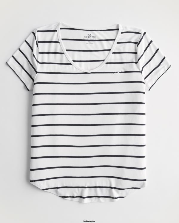 t-shirt easy logo icon à col v femmes bande blanche Hollister hauts RRRJX204