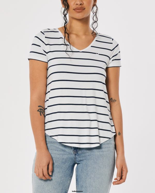 t-shirt easy logo icon à col v femmes bande blanche Hollister hauts RRRJX204