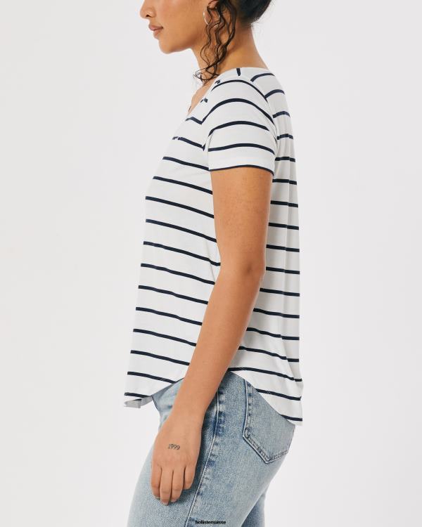t-shirt easy logo icon à col v femmes bande blanche Hollister hauts RRRJX204