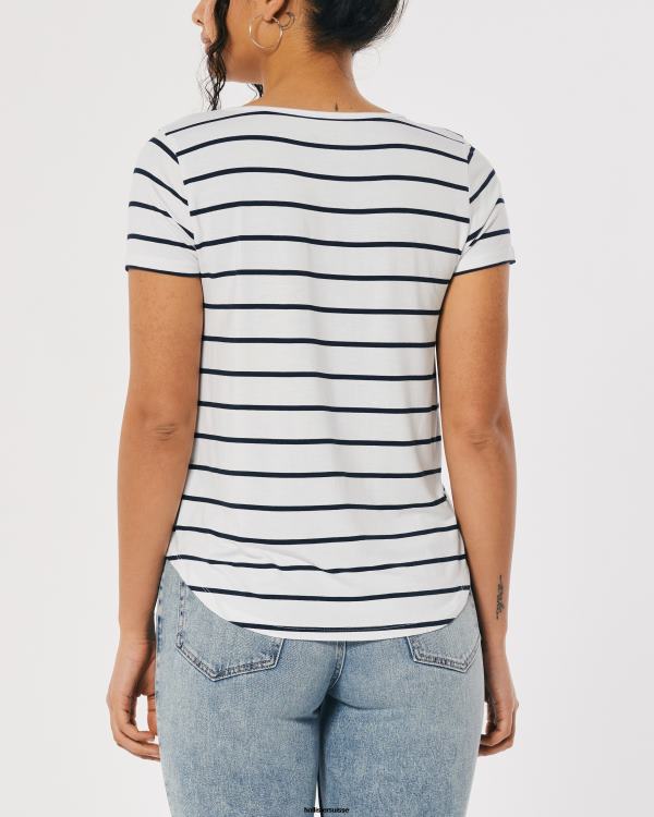 t-shirt easy logo icon à col v femmes bande blanche Hollister hauts RRRJX204