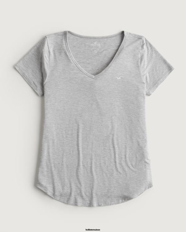 t-shirt easy logo icon à col v femmes gris chiné Hollister hauts RRRJX219
