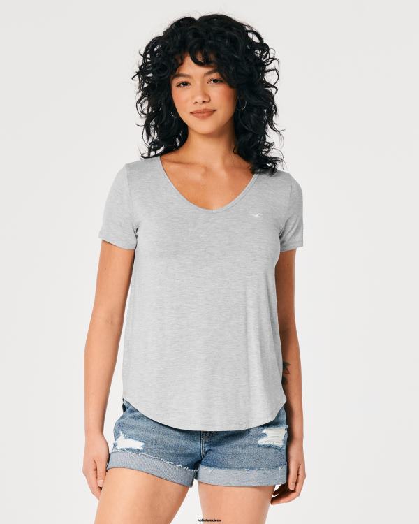 t-shirt easy logo icon à col v femmes gris chiné Hollister hauts RRRJX219