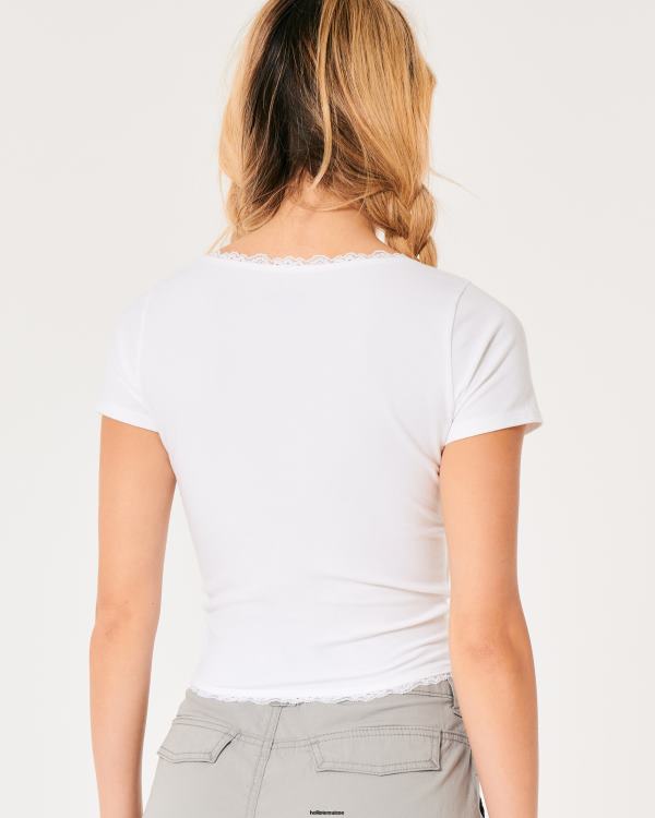 t-shirt pour bébé à col carré et bords en dentelle femmes blanc Hollister hauts RRRJX208