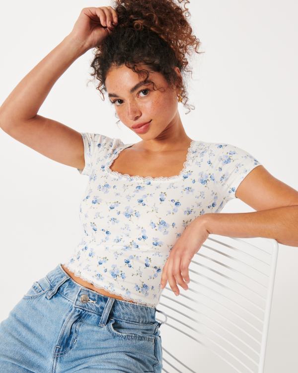 t-shirt pour bébé à col carré et bords en dentelle femmes fleurs blanches Hollister hauts RRRJX37