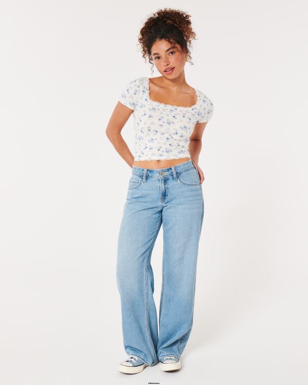 t-shirt pour bébé à col carré et bords en dentelle femmes fleurs blanches Hollister hauts RRRJX37