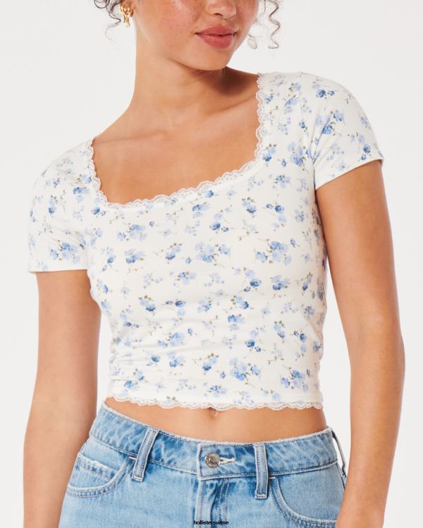 t-shirt pour bébé à col carré et bords en dentelle femmes fleurs blanches Hollister hauts RRRJX37