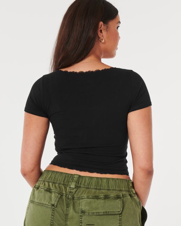 t-shirt pour bébé à col carré et bords en dentelle femmes noir Hollister hauts RRRJX124