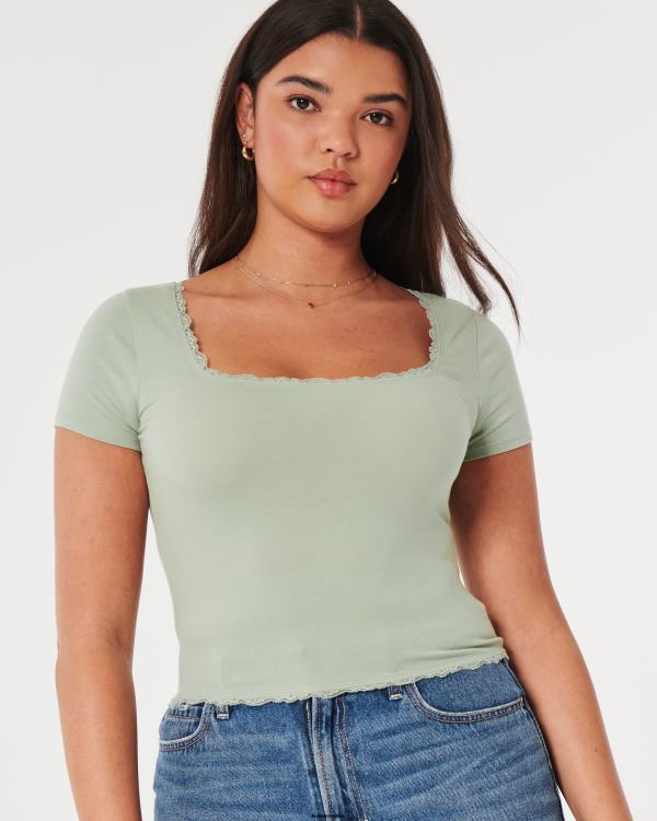 t-shirt pour bébé à col carré et bords en dentelle femmes vert sauge Hollister hauts RRRJX232