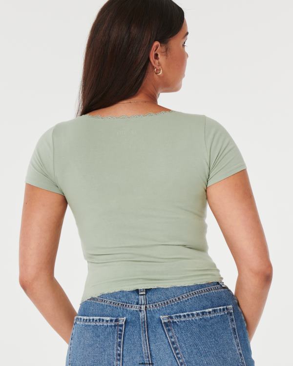t-shirt pour bébé à col carré et bords en dentelle femmes vert sauge Hollister hauts RRRJX232