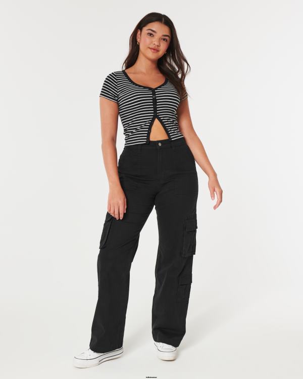 top nervuré à col v boutonné femmes bande blanche Hollister hauts RRRJX348