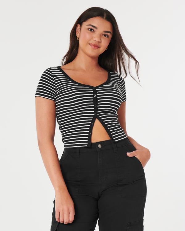 top nervuré à col v boutonné femmes bande blanche Hollister hauts RRRJX348