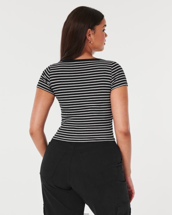 top nervuré à col v boutonné femmes bande blanche Hollister hauts RRRJX348