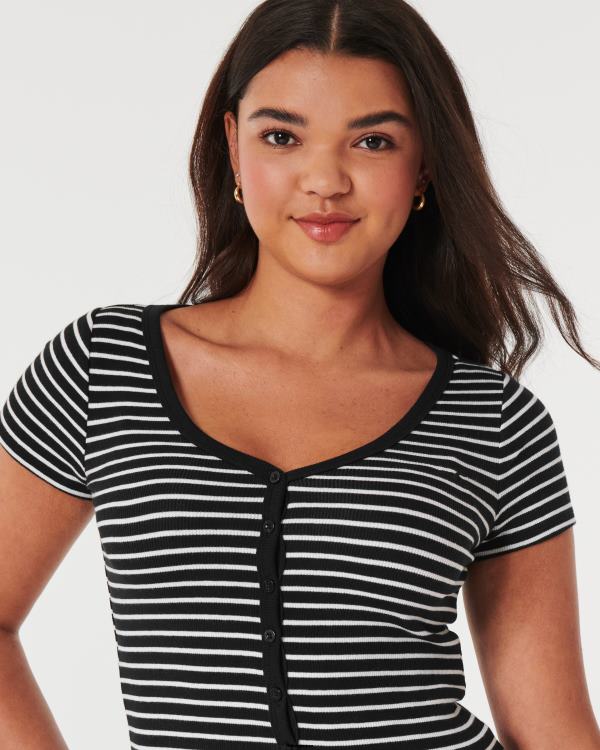 top nervuré à col v boutonné femmes bande blanche Hollister hauts RRRJX348
