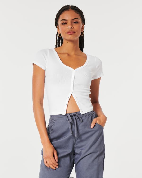 top nervuré à col v boutonné femmes blanc Hollister hauts RRRJX312