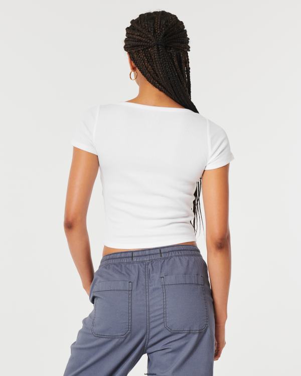 top nervuré à col v boutonné femmes blanc Hollister hauts RRRJX312