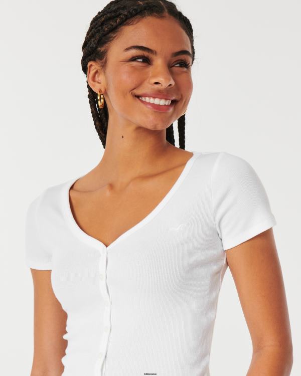 top nervuré à col v boutonné femmes blanc Hollister hauts RRRJX312