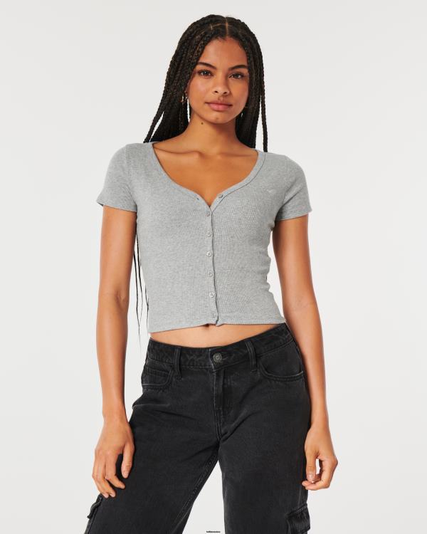 top nervuré à col v boutonné femmes gris chiné Hollister hauts RRRJX335