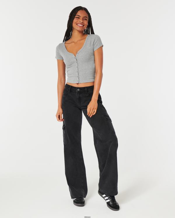 top nervuré à col v boutonné femmes gris chiné Hollister hauts RRRJX335