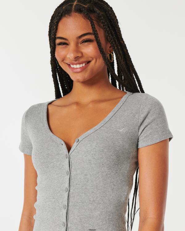 top nervuré à col v boutonné femmes gris chiné Hollister hauts RRRJX335
