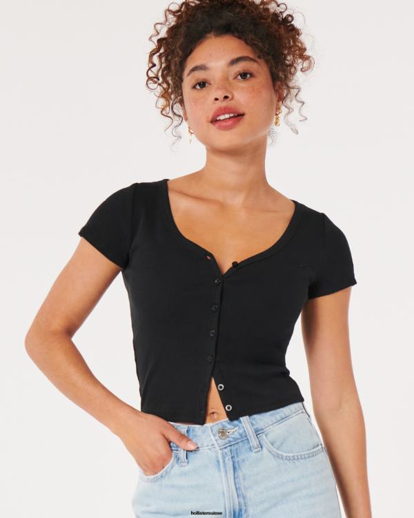 top nervuré à col v boutonné femmes noir Hollister hauts RRRJX243