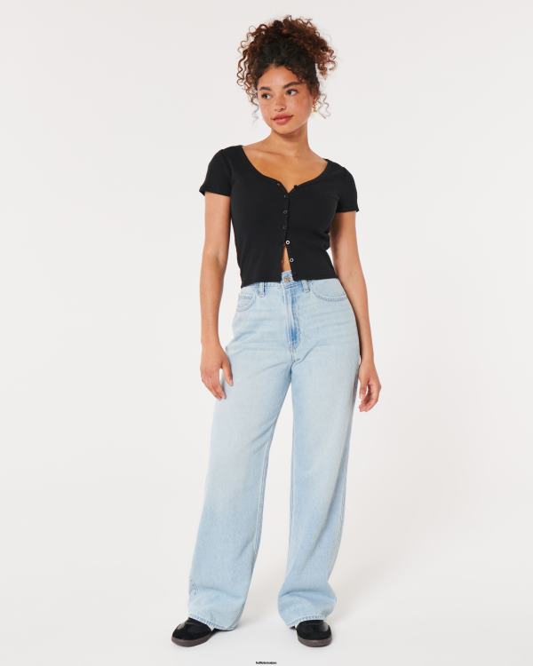 top nervuré à col v boutonné femmes noir Hollister hauts RRRJX243