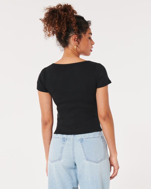 top nervuré à col v boutonné femmes noir Hollister hauts RRRJX243