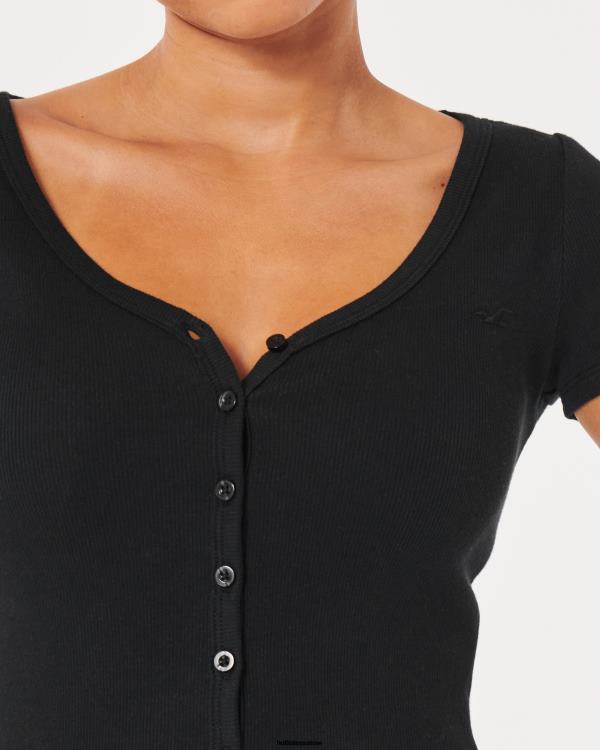 top nervuré à col v boutonné femmes noir Hollister hauts RRRJX243