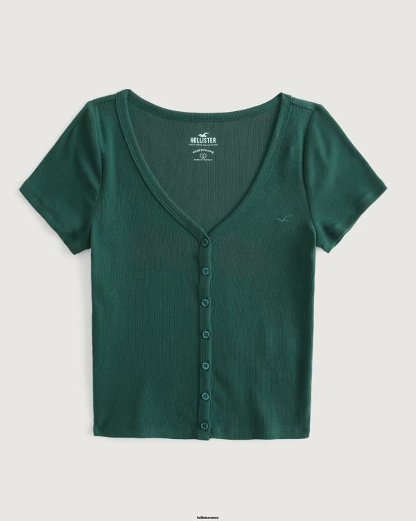 top nervuré à col v boutonné femmes vert foncé Hollister hauts RRRJX235
