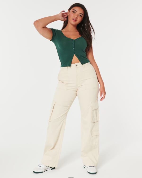 top nervuré à col v boutonné femmes vert foncé Hollister hauts RRRJX235