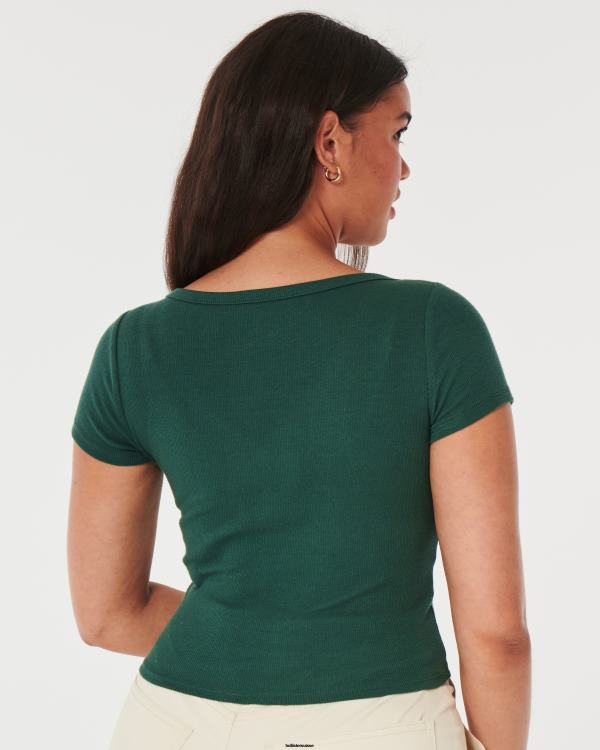 top nervuré à col v boutonné femmes vert foncé Hollister hauts RRRJX235