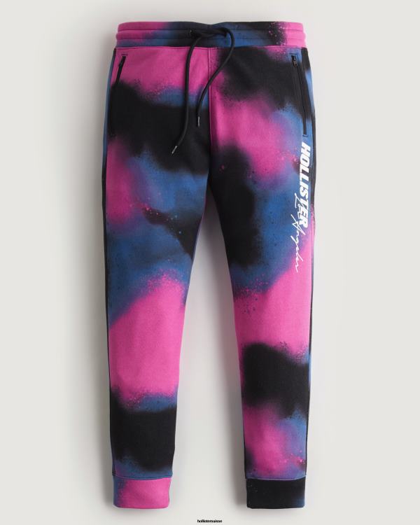 pantalon de jogging en molleton à logo imprimé Hommes noir avec spray rose et bleu Hollister bas RRRJX1367