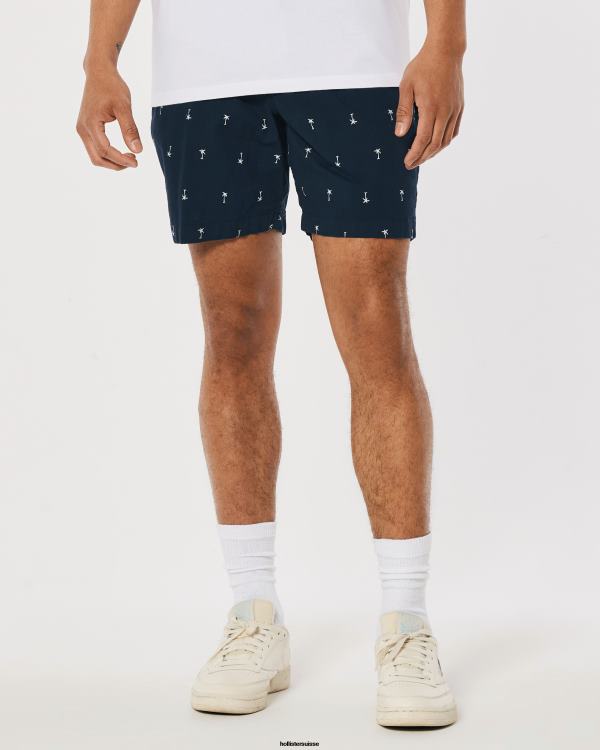 short jogger popeline motif palmiers 7\'\' Hommes imprimé marine Hollister bas RRRJX1394