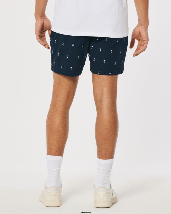 short jogger popeline motif palmiers 7\'\' Hommes imprimé marine Hollister bas RRRJX1394
