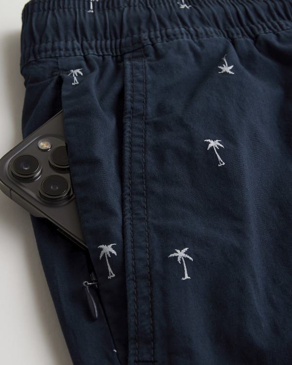 short jogger popeline motif palmiers 7\'\' Hommes imprimé marine Hollister bas RRRJX1394