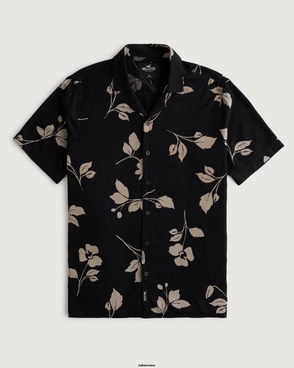 chemise décontractée à manches courtes Hommes fleuri noir Hollister hauts RRRJX836