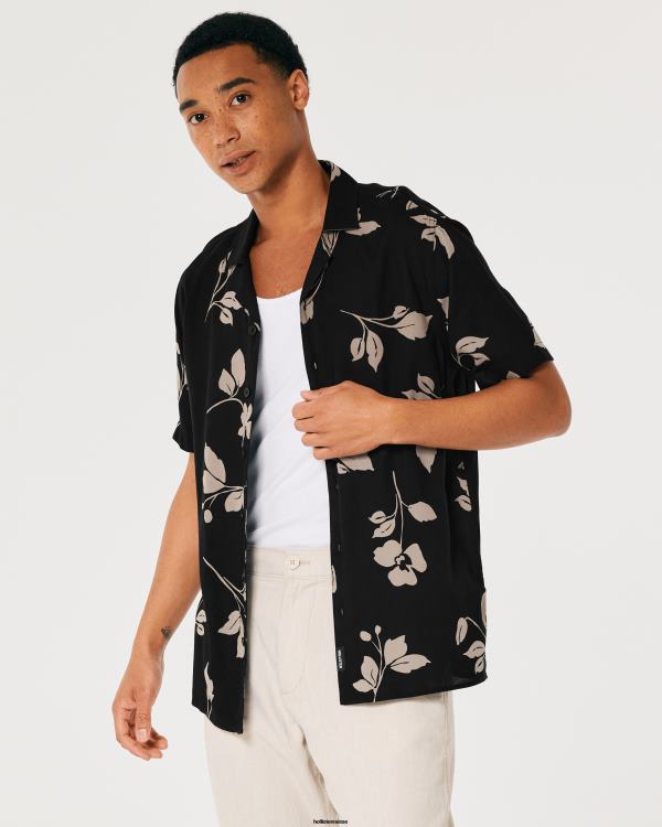 chemise décontractée à manches courtes Hommes fleuri noir Hollister hauts RRRJX836