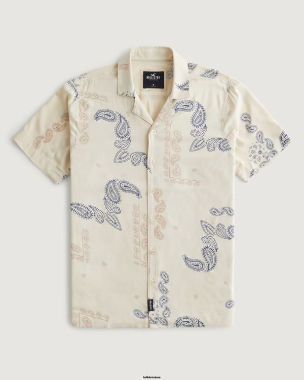 chemise décontractée à manches courtes Hommes motif crème Hollister hauts RRRJX907