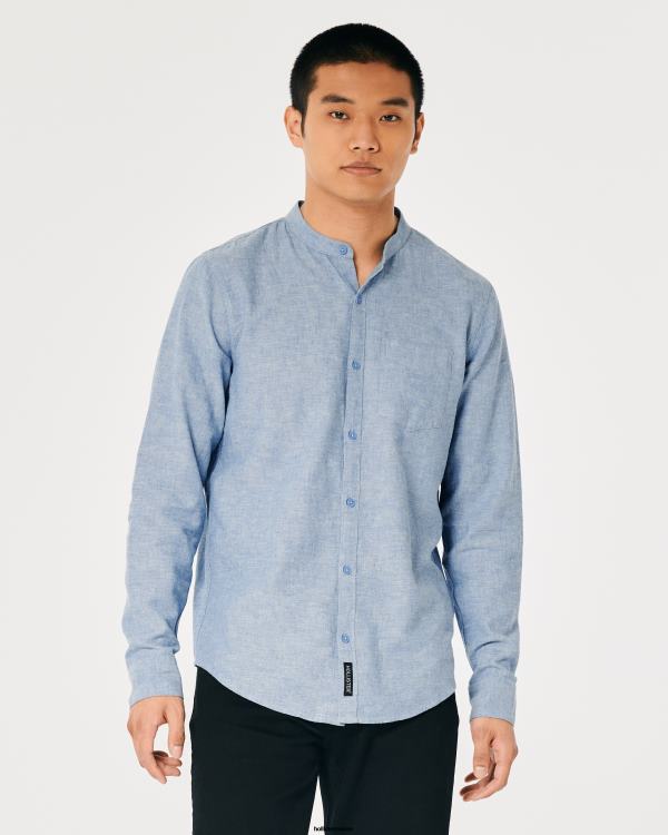 chemise en lin mélangé à col mao Hommes bleu chiné Hollister hauts RRRJX881