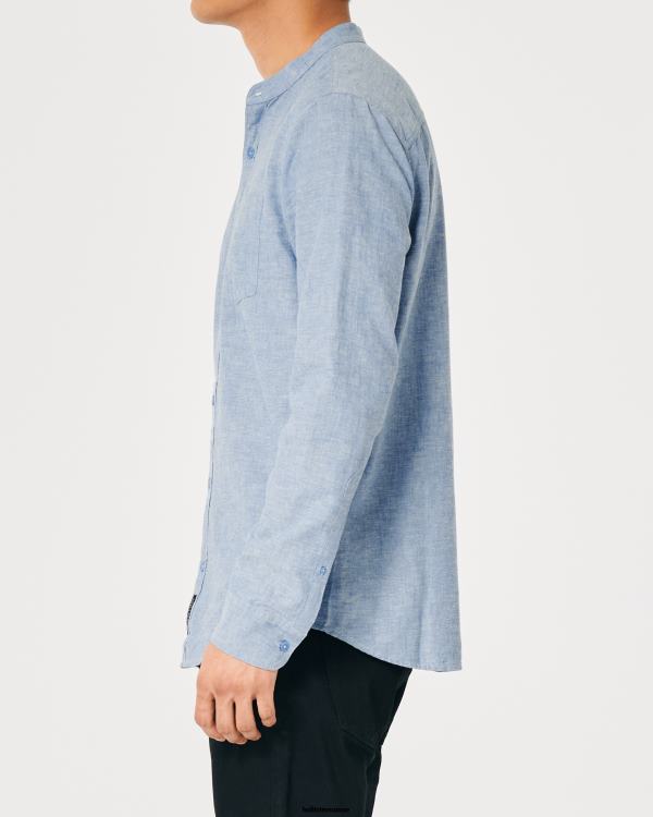 chemise en lin mélangé à col mao Hommes bleu chiné Hollister hauts RRRJX881