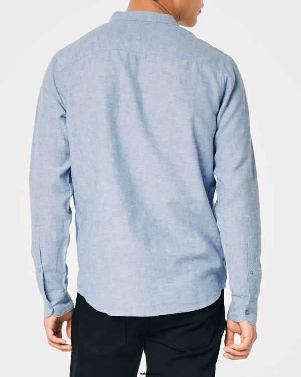 chemise en lin mélangé à col mao Hommes bleu chiné Hollister hauts RRRJX881