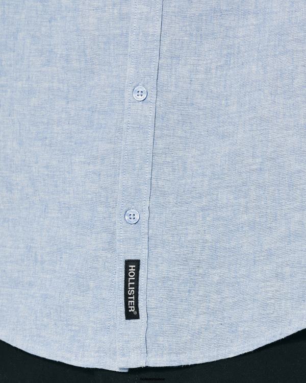 chemise en lin mélangé à col mao Hommes bleu chiné Hollister hauts RRRJX881