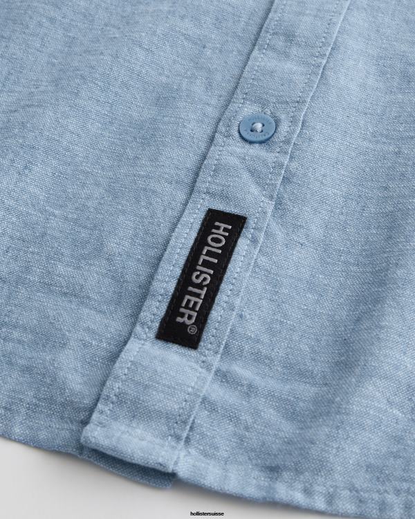 chemise en lin mélangé à col mao Hommes bleu chiné Hollister hauts RRRJX881