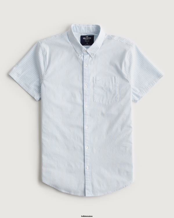 chemise oxford rayée à manches courtes Hommes bande bleu clair Hollister hauts RRRJX842