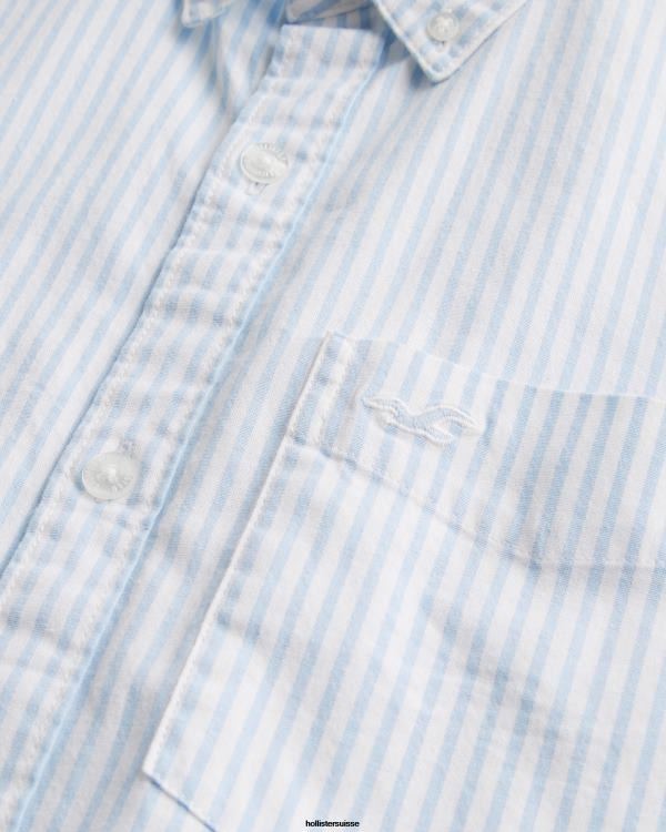 chemise oxford rayée à manches courtes Hommes bande bleu clair Hollister hauts RRRJX842