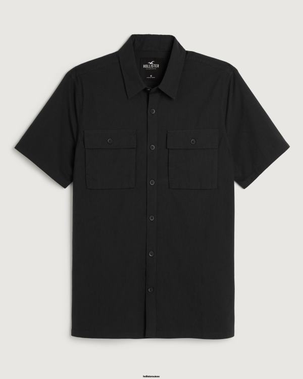 chemise utilitaire à manches courtes en popeline Hommes noir Hollister hauts RRRJX1049