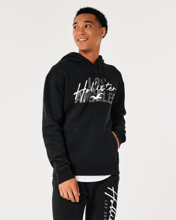 sweat à capuche à logo imprimé Hommes noir Hollister hauts RRRJX1019
